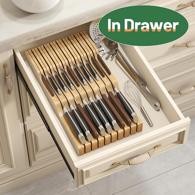 Large Drawer Knife Organizer Insert, Bamboo Wood Knife Holder, Knife Block Hold up To 19 Knives