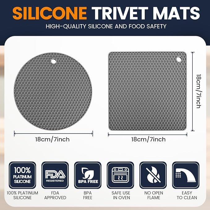Silicone Trivet Mats 4 Heat Resistant Pot Holders Multipurpose Non-Slip Hot Pads for Kitchen Potholders, Drying mat, Jar Opener, Spoon Holder, Coaster(Dark Grey)