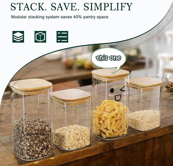 LIBWYS Kitchen Glass Jars Set with Bamboo Lids for Storage (1pcs - 1.67Qt) | Stackable Square Food Jars for Pantry Organization, Coffee, Flour, Snacks, Tea, Sugar | Kitchen Canisters Set