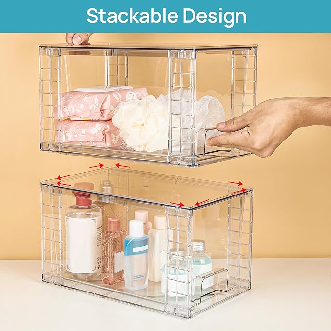 Vtopmart 2 Pack Large Stackable Storage Drawers, Clear | Easily Assemble Acrylic, Bathroom Closet Undersink Organizers, Plastic Bins for Kitchen Cabinets, Pantry, Makeup, Medicine