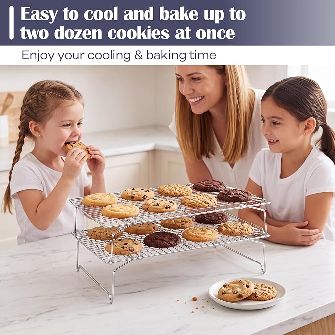 P&P CHEF 2 Tier Stackable Cooling Racks for Cooking and Baking, 15" x 10" | Stainless Steel Stackable Grid Cooling Rack for Cooling Roasting Grilling, Collapsible & Heavy Duty, Oven & Dishwasher Safe
