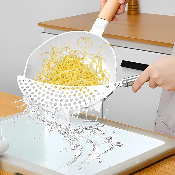 Pack of 2 Held Crescent Drainer Pan Pot Strainer with Handle Stainless Steel Hand for Spaghetti Fry Noodles Fruit Vegetable Pasta Strainer Colander Heavy Duty Food Drainers