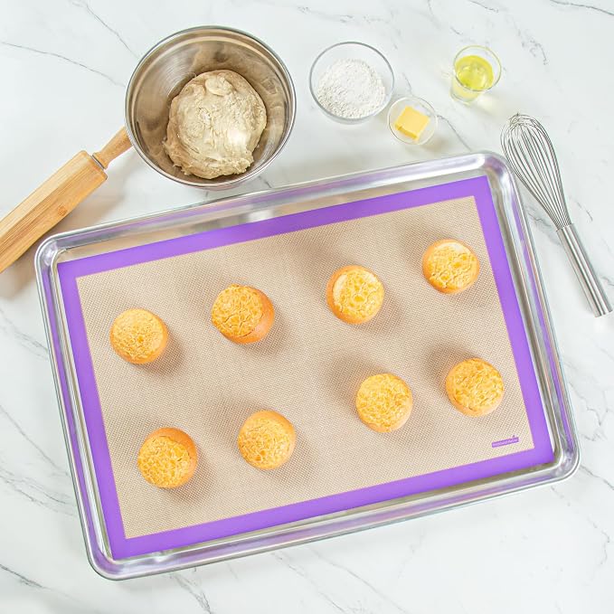 Restaurantware Full Size Baking Mat 1 Heat-Resistant Cooking Mat - Allergen-Safe Reusable And Ultra-Durable Tan And Purple Silicone Nonstick Mat For Pans And Rolling 23.6 x 15.75 Inch