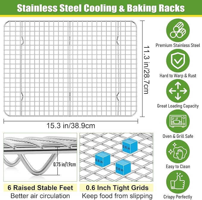 Homikit Stainless Steel Large Cooling Racks Set, 15.3x11.3 Inch, Rust Free | 2 Pack Cookie Baking Racks Fits 16x12 Jelly Roll Pan, Oven Rack for Bacon Bread Pizza, Metal Grilling Grid, Dishwasher Safe