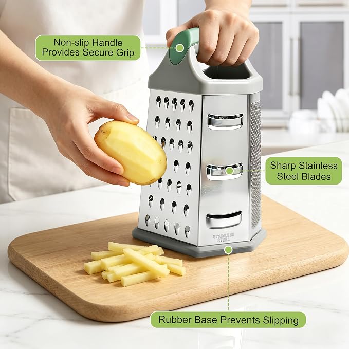 Box grater for kitchen 6 Sided - Cheese Graters Handheld, Stainless Steel Shredder for Food Vegetable Carrot Potato Tomato (Green)