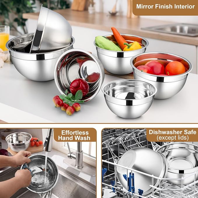 LIANYU 6 PCS Mixing Bowls with Lid Set, Size 7 & 3.5 & 2.5 & 2 & 1.5 & 1QT | Stainless Steel Cooking Serving Bowls, Kitchen Metal Nesting Bowl for Prepping & Food Storage, Dishwasher Safe, Khaki