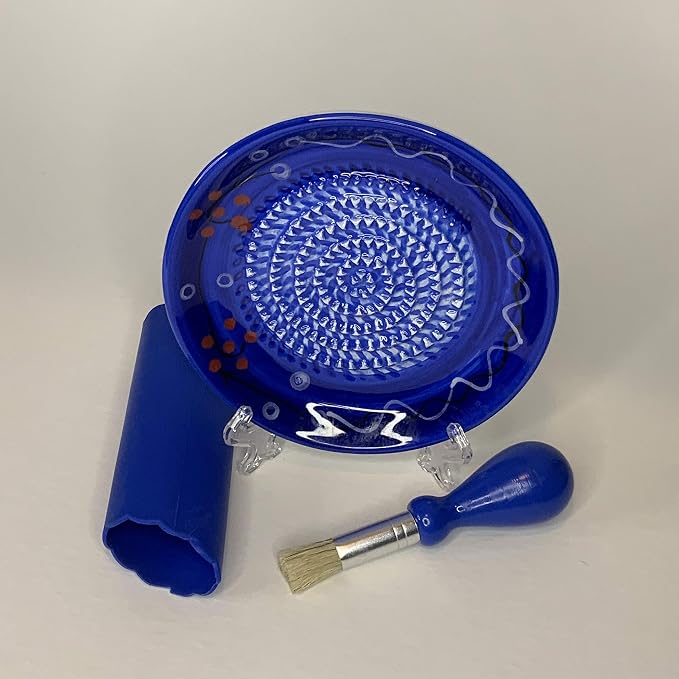BonCera, All-in-one Premium Ceramic Garlic Grater Plate 4-Piece Set - Cherry Line on Blue Design - For Garlic, Ginger, Chocolate, and more! - Comes with 5.25" Plate, Peeler, Brush, and Stand
