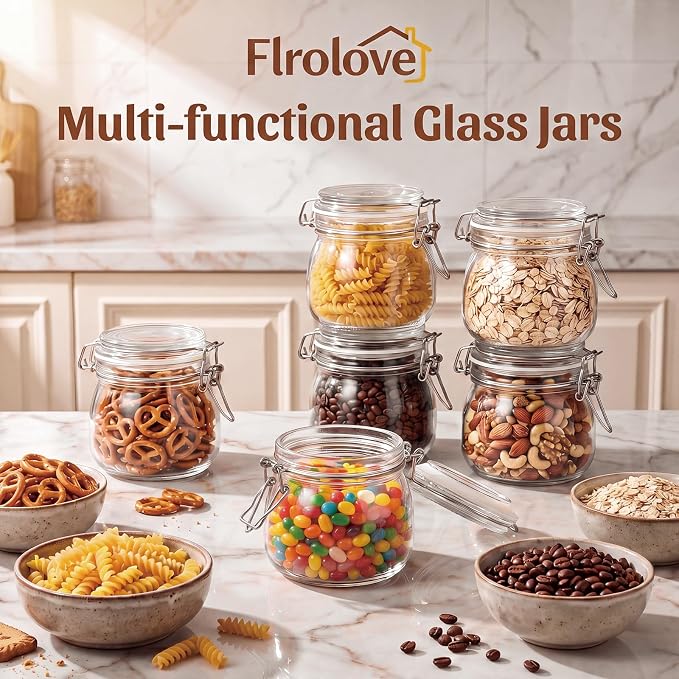6 Pack 17oz Glass Jars with Airtight Lids, Wide Mouth Glass Storage Jars | Mason jar, Small Airtight Food Storage Containers for Kitchen Pantry Organization, Jams, Nuts, Snacks, Spices, Coffee&Pickles
