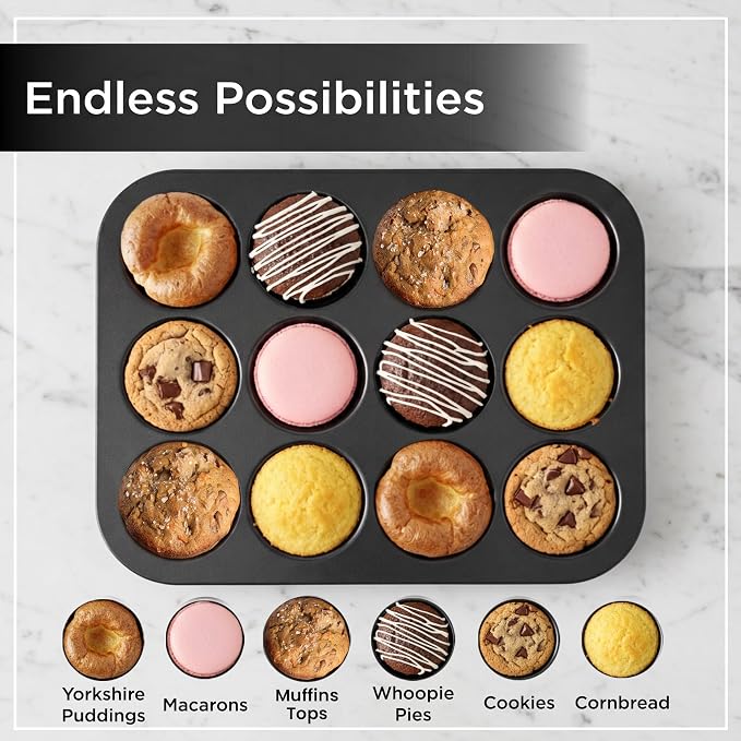 Wrenbury Nonstick Whoopie Pie Pan 12-Cup for Muffin Top - Carbon Steel Shallow Baking Tray for Macarons Cookies Yorkshire Puddings Cornbread & Burger Buns