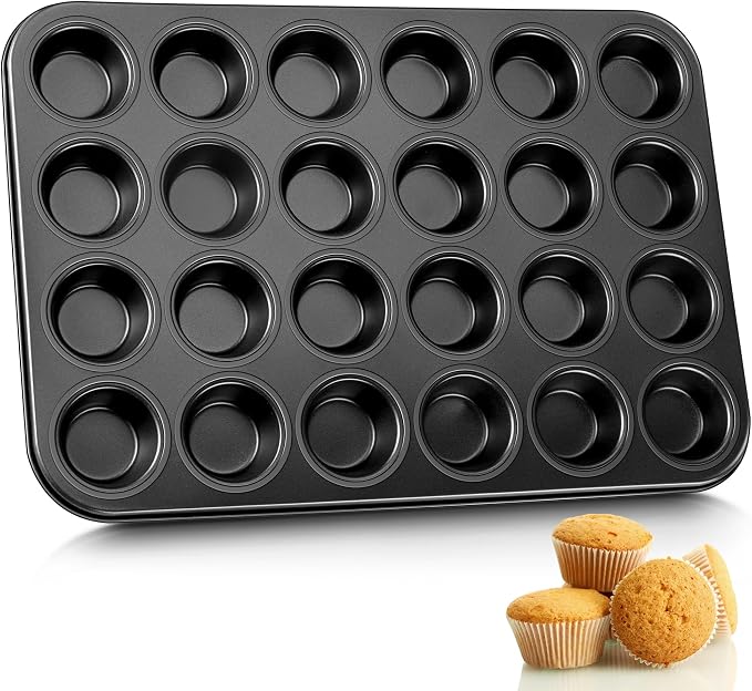 E-far Mini Muffin Pan, 24-Cup Nonstick Carbon Steel Cupcake Pan for Baking | Muffin Tin for Mini Muffins & Cupcakes, Warp-Free for Even Baking & Easy Release, Oven Safe