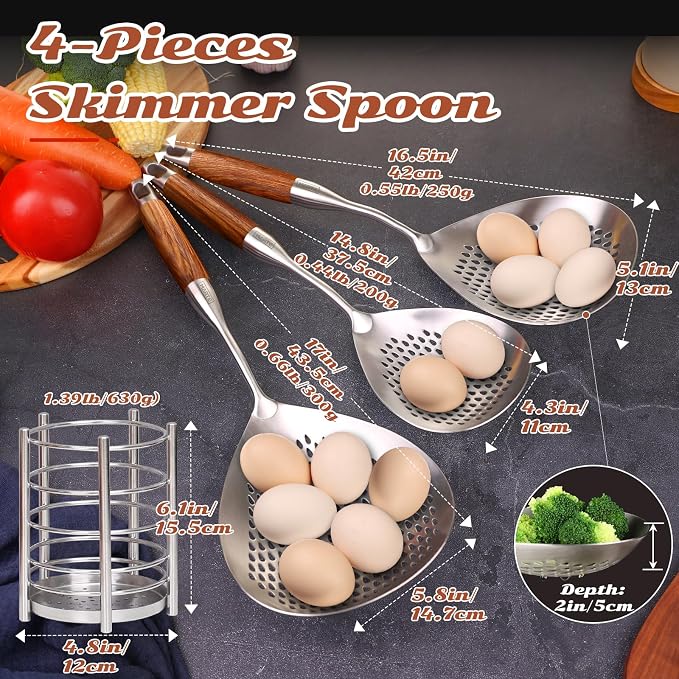 MARTE Skimmer Slotted Spoon Set of 4 - Kitchen Pasta Strainer Spoon - Spider Strainer Skimmer Ladle Spoon with Holder for Cooking and Frying Food, Spaghetti, Vegetable, Dumpling - 14.8In,16.5In,17In