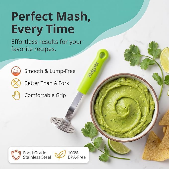 Mini Avocado Masher, Small Potato Masher, Heavy Duty, Kitchen Utensil. Stainless Steel, Tiny Masher, Compact Mini Masher for Avocado - Effortless Guacamole Preparation, Dishwasher Safe.… (Green)
