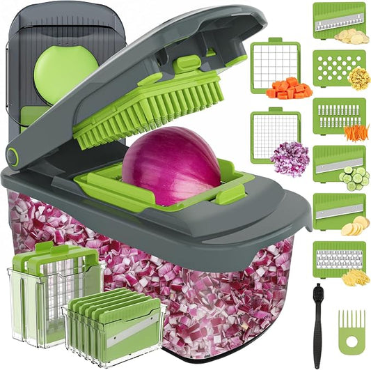 Ourokhome Vegetable Chopper with Container, 8-Blade Onion Chopper & Mandolin Slicer, 2-Lid Food Dicer with Safety Lock, Veggie Shredder Grater for Kitchen Meal Prep, Kitchen Gadgets (8 in 1, Gray)