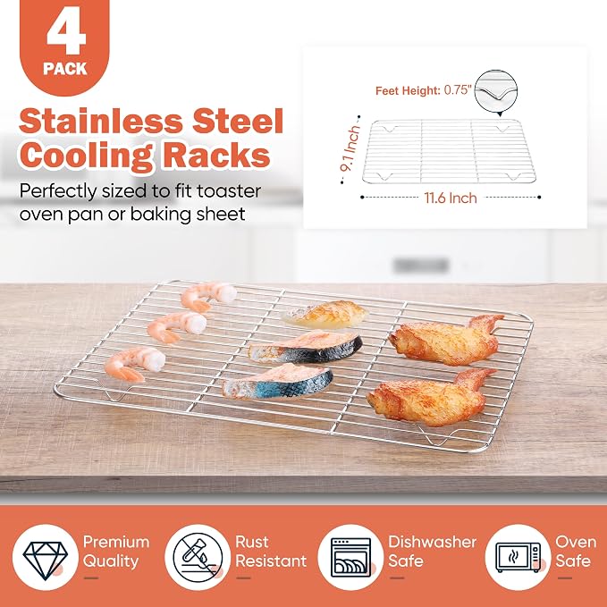 Homikit 4 PCS Cooling Racks for Quarter Sheet Pan, 12"x 9" Oven Baking Rack | Stainless Steel Wire Rack Set for Cooking Roasting Grilling, Heavy Duty Metal Wire Oven Rack for Bacon Bread Pizza Cookies