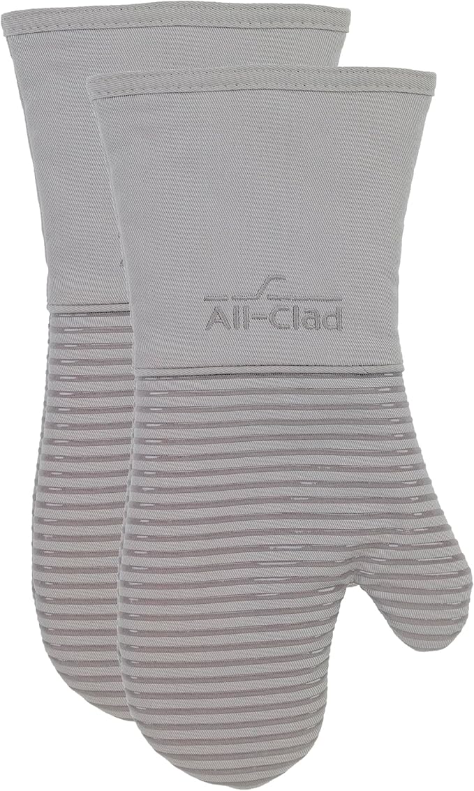 All-Clad Silicone Oven Mitts: Heat Resistant up to 500 Degrees - 100% Cotton & Silicone, 14"x7" Oven Mitt for Kitchen and Barbeque, 2-Pack, Titanium