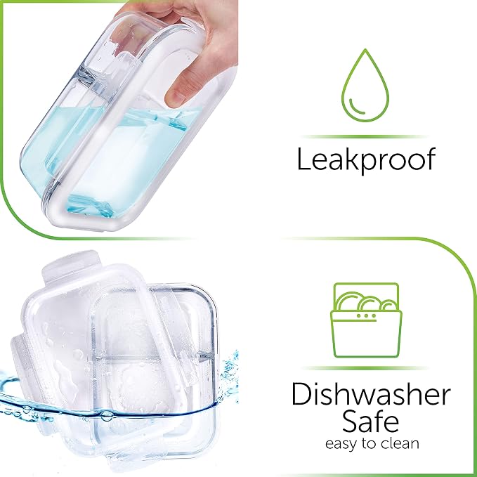 Prep Naturals 5 Pack 36oz Glass Meal Prep Containers - 2 Compartments | 2-Compartment Borosilicate Glass Meal Prep Containers - Airtight Lids, Microwave, Oven & Freezer Safe (5-Pack, 36 oz)