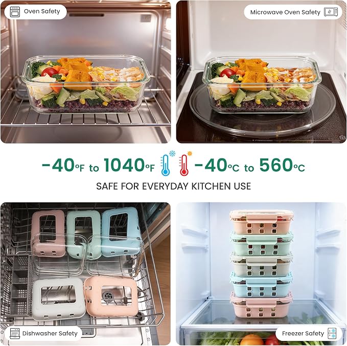 Glass Meal Prep Containers 5 Pack, 4.4 Cup Airtight Leakproof Lids, Borosilicate Glass Food Storage Containers, Microwave Oven Freezer Safe, BPA Free Lunch Containers