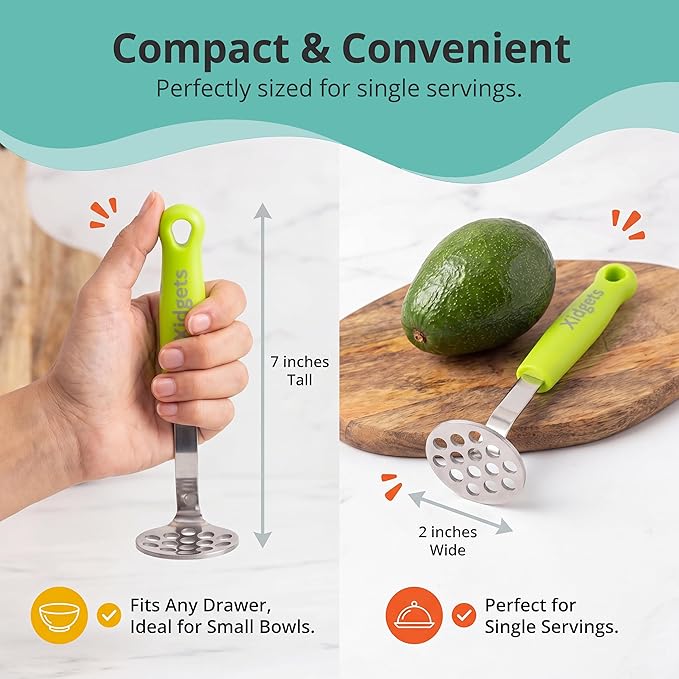 Mini Avocado Masher, Small Potato Masher, Heavy Duty, Kitchen Utensil. Stainless Steel, Tiny Masher, Compact Mini Masher for Avocado - Effortless Guacamole Preparation, Dishwasher Safe.… (Green)