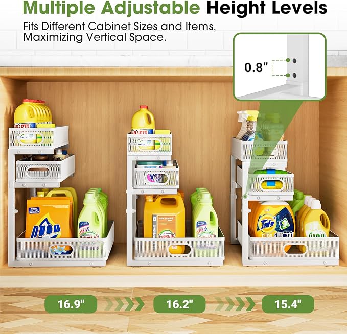 Under Sink Organizer 3 Tier, 2 Pack L-Shaped Pull-Out Cabinet Organizer with Sliding Metal Mesh Drawers, Height Adjustable Under Sink Storage Rack for Kitchen Bathroom Cabinet, White