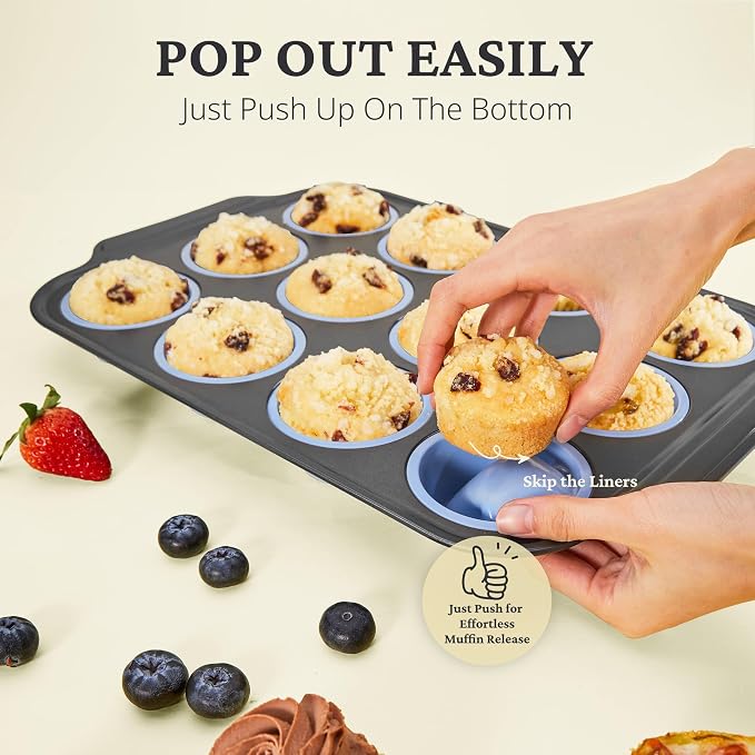 BRONYPRO 2-Pack 12 Cup and Mini 24 Cup Silicone Muffin Pans for Baking with Metal Frame, Egg Bite Molds, Muffin Tins Easy to Pop Nonstick Non Toxic Bakeware for Oven,Blue