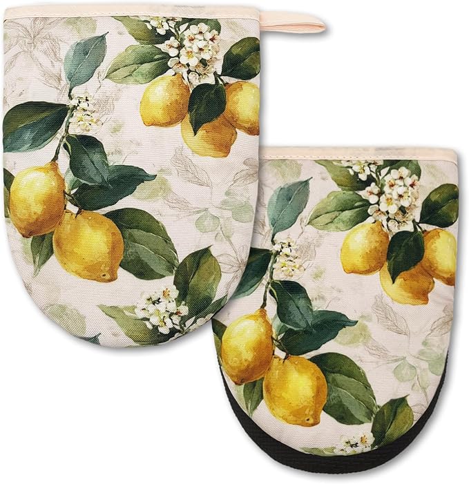 Watercolor Lemon Mini Silicone Oven Mitts 2-Pack Set, Heat Slip Resistant Kitchen Gloves, Soft Short Oven Mittens for Safe Cooking Baking Grilling