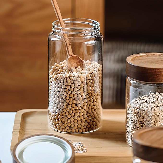 50 fl oz/1500 ml Clear Glass Storage Canister with Airtight Wooden Screw Lid, Large Tall Cute Decorative Glass Food Container Jar for Coffee, Candy, Cereal, Cookie, Pasta, Flour, Juices