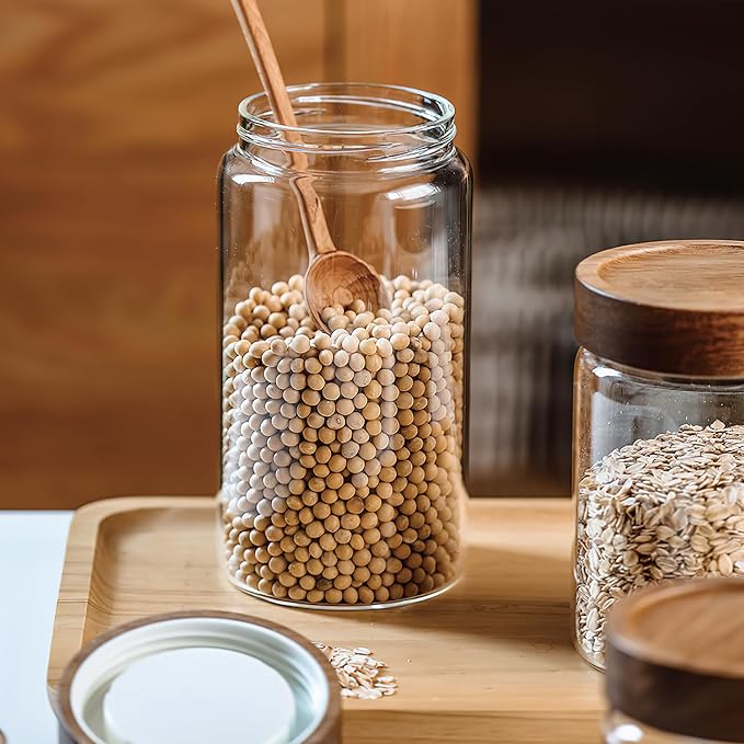 3 Pack 17 fl oz/500ml Clear Glass Storage Canister with Airtight Wooden Screw On Lid, Small Cute Decorative Glass Container Jar Set for Coffee, Candy, Cookie, Condiment, Pepper, Sugar, Oatmeal