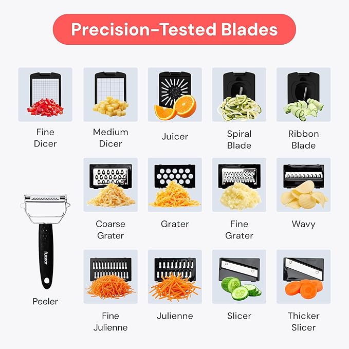 Fullstar Pro Original Vegetable Chopper & Mandoline - Chopper & Mandoline Lids - Food Chopper with Container, Fruit Slicer Onion Dicer - All-in-One Prep Tool - Kitchen Gadgets & Gifts (14 in 1, Steel)