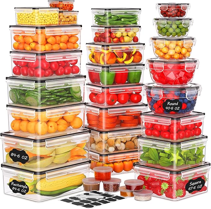 62 PCS Large Food Storage Containers with Lids (31 Lids & 31 Containers) | 85 OZ Airtight Reusable Plastic Leakproof Meal-Prep Container for Kitchen Storage Organization Microwave/Dishwasher Safe