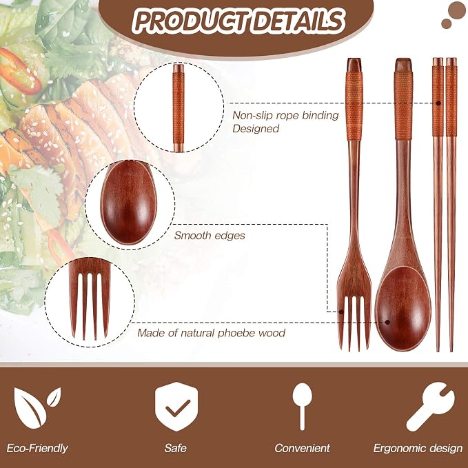 Vesici 24 Pieces Wooden Spoons Forks Chopsticks Set Wooden Flatware Tableware Cutlery Reusable Handmade Travel Flatware Set for Cooking Stirring Eating Mixing