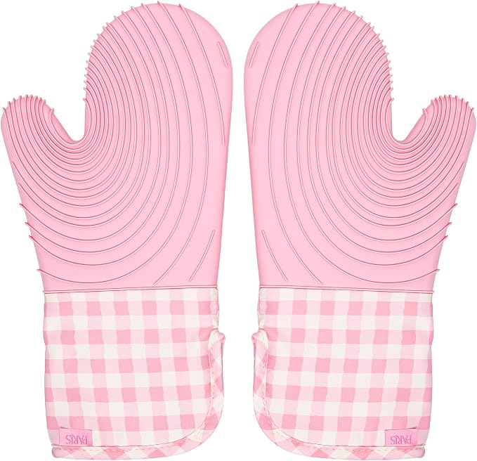 Paris Hilton Oven Mitt Set with Limited Edition Pink Gingham Design, Heat Resistant Pot Holders Featuring Non-Slip Textured Silicone Grips, 2-Piece Set, Pink