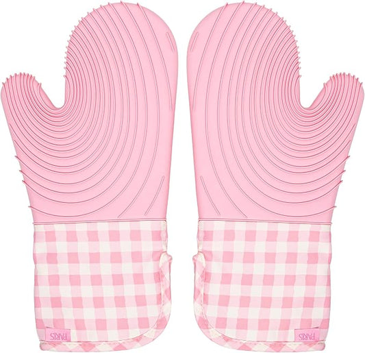 Paris Hilton Oven Mitt Set with Limited Edition Pink Gingham Design, Heat Resistant Pot Holders Featuring Non-Slip Textured Silicone Grips, 2-Piece Set, Pink