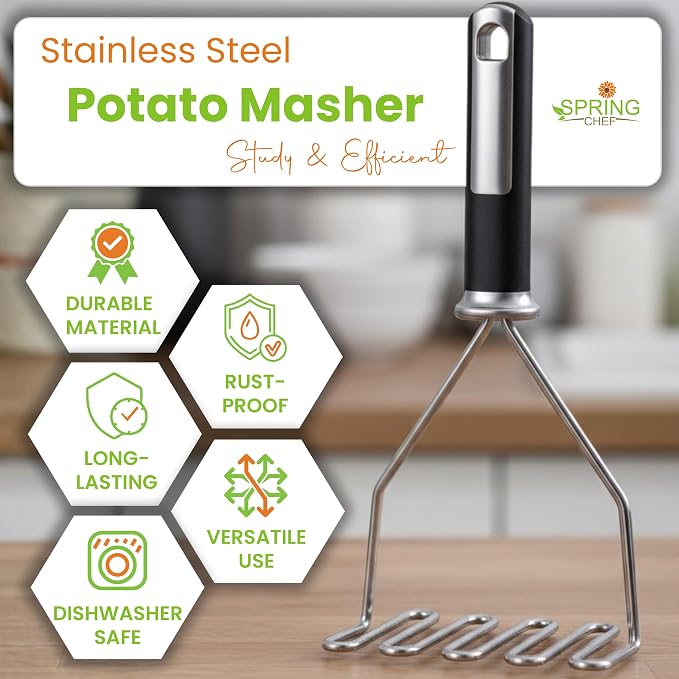 Spring Chef Potato Masher Stainless Steel - Heavy Duty Mashed Potato Masher Kitchen Tool - Fruit & Food Smasher For Avocado, Banana, Eggs - Bean Smasher Tool - Durable Metal Mashing Utensil