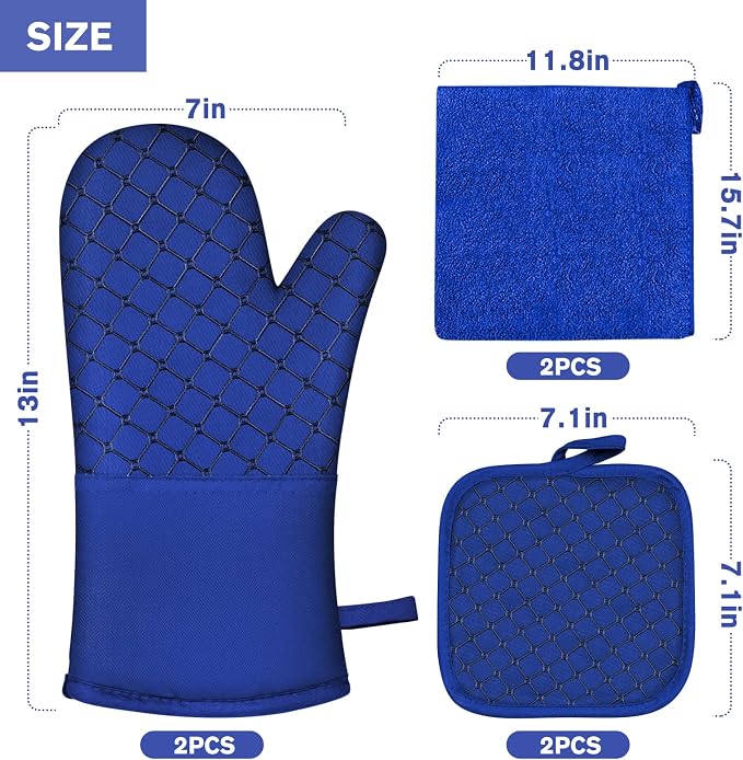 6 Pcs Oven Mitts and Pot Holders, 500℉ Heat Resistant Oven Mitts with Kitchen Towels Soft Cotton Lining and Non-Slip Silicone Surface Safe for Baking, Cooking, BBQ (Blue)