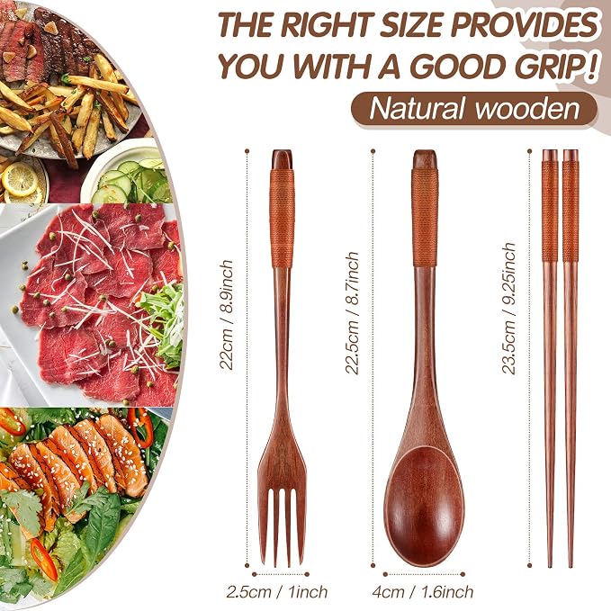 Vesici 24 Pieces Wooden Spoons Forks Chopsticks Set Wooden Flatware Tableware Cutlery Reusable Handmade Travel Flatware Set for Cooking Stirring Eating Mixing