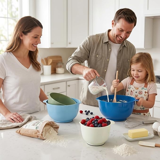 BoxedHome Classic Mixing Bowls Set of 4, BPA Free Plastic, Microwave Safe | 4.5, 3.5, 2.5 and 1.7 QT, Non-slip Base Large Non-toxic Nesting Bowl with Pour Spout, Dishwasher Safe, for Prep, Cooking