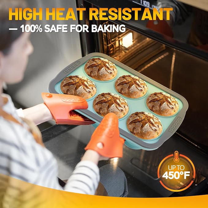 Silicone Muffin Pan, 6 Cups Non-Stick Cupcake Pan, Food-Grade BPA-Free Muffin Tin, Oven-Safe 450 °F, Reinforced Steel Frame, Easy-Grab Handles, Quick-Release 2.7" Baking Molds for Mini Treats