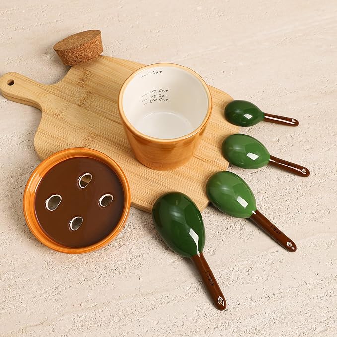 Sizikato 4pcs Porcelain Measuring Spoons with Base, Cute Cactus Shape