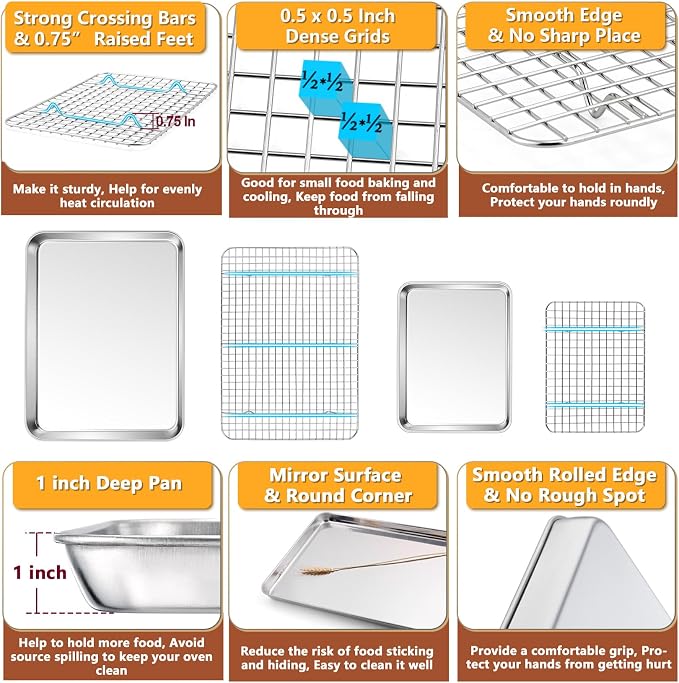 P&P CHEF 16 + 10.4 Inch Baking Sheet Pan and Cooking Rack - 4 Pieces | 2x Cookie Sheet + 2x Grid Rack, Stainless Steel Oven Tray with Wire Rack for Oven Baking, Healthy & Sturdy & Easy to Clean
