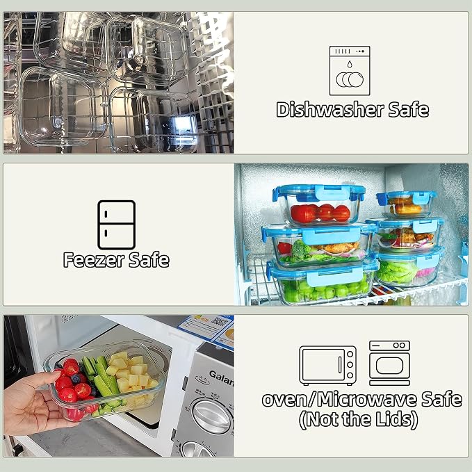 12 Pack Glass Meal Prep Containers with Airtight Lids, Leak-Proof Food Storage Containers, Dishwasher/Microwave/Oven/Freezer Safe Glass Containers for Lunch, Leftovers, to Go (Blue)