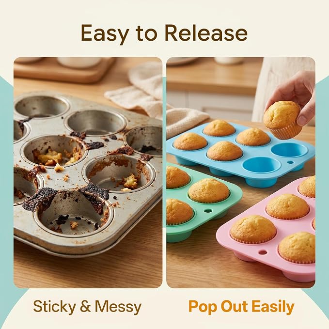 2 Pack Silicone Muffin Pan for Baking, Regular Size Nonstick Cupcake Pan, 6-Cup Silicone Muffin Tin BPA Free Dishwasher Safe, Great for Muffin Cupcake Brownie Egg Tart