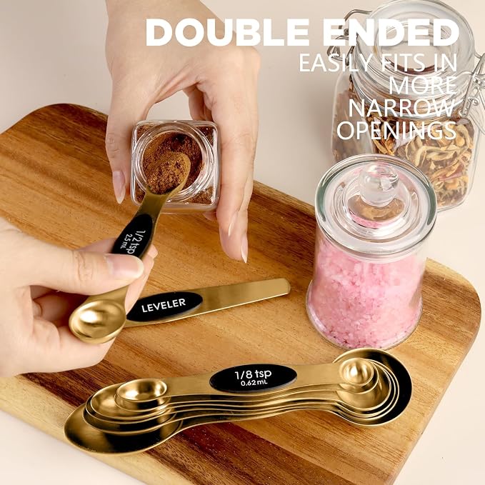 ChefAide Pack of 8 Stainless Steel Magnetic Measuring Spoons Set, Dual Sided, Stackable, Adjustable Teaspoon and Tablespoon Measure Spoon with Leveler, Kitchen Gadgets