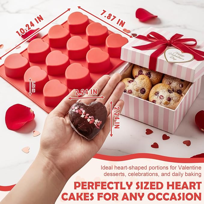 HKNMTT 2Pcs Silicone Heart Molds for Chocolate Muffin 12-Cavity Nonstick | 2.2 Inch，BPA-Free，Oven Safe Mold for Cakes Jello Soap Cupcake Dessert, Valentine's Day