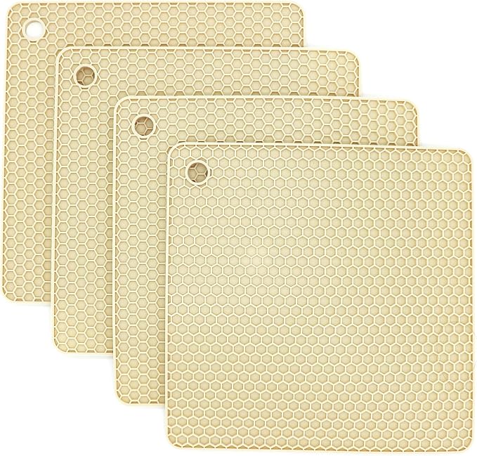 Silicone Trivets for Hot Dishes, Pots and Pans, Hot Pads for Kitchen, Beige Silicone Pot Holders Mats for Kitchen Quartz Counter Heat Resistant Mat, Flexible Table Plate Trivet Mat Set 4