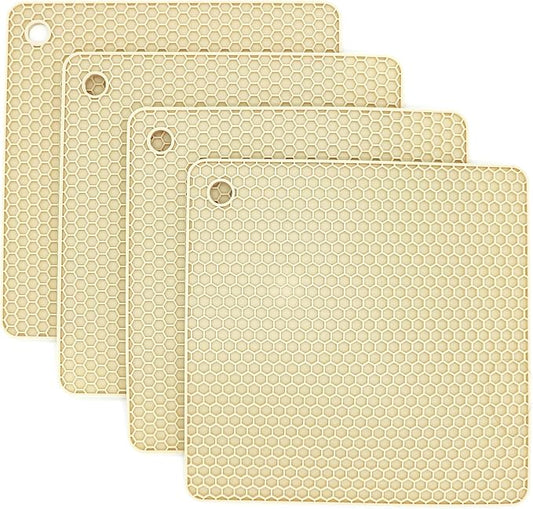 Silicone Trivets for Hot Dishes, Pots and Pans, Hot Pads for Kitchen, Beige Silicone Pot Holders Mats for Kitchen Quartz Counter Heat Resistant Mat, Flexible Table Plate Trivet Mat Set 4