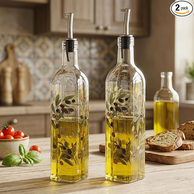Topadorn 2-Pack Glass Olive Oil Dispenser Bottles – 17oz Cruet Set with Stainless Steel Spout, Leak-Resistant Oil & Vinegar Pourer, Food-Safe Kitchen Storage Set