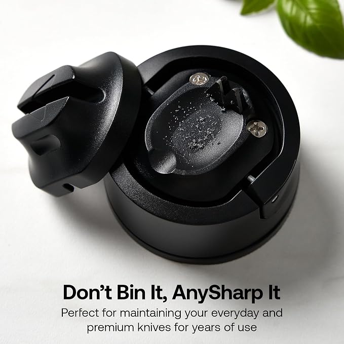 AnySharp – EVO – Hands Free Knife Sharpener - Easy to Use Sharpening Tool with Improved PowerGrip Suction Base and 20-Deg Pre-Set Angle - for All Knives: Chef's, Serrated, and Hardened Steel - Black