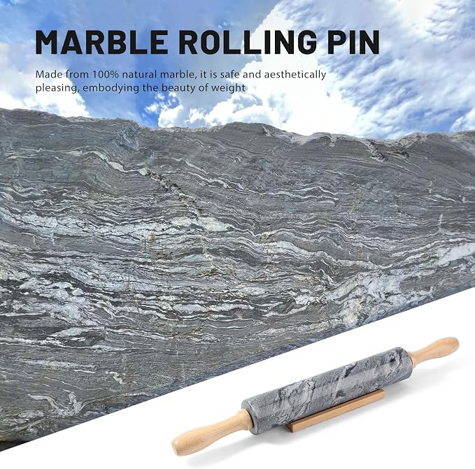Koville Marble Rolling Pin, Non-Stick Polished Dough Roller, Pasta, Dumpling, Ravioli, Fondant,Pie Crust, Kitchen Baking Pastry Tools Grey Marble
