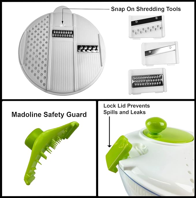 Huji Multifunctional Large Salad Spinner (4 Quarts) and Mandoline Set – 5 Blade Slicer, Drainer, Tosser, Vegetable Dryer with a Pouring Spout