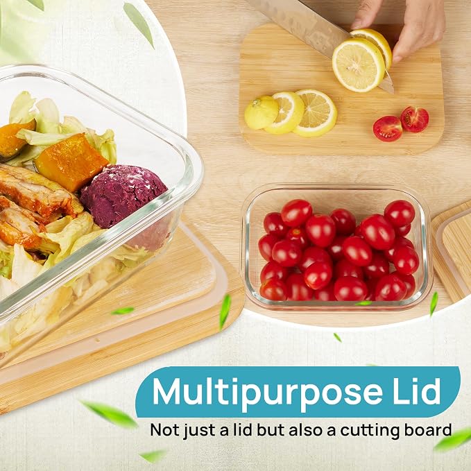 Vtopmart 4 Pack Glass Food Storage Containers with Bamboo Lids Meal Prep | Reusable Meal Prep Containers for Leftovers, Lunch & Kitchen Storage, Microwave, Oven, Freezer and Dishwasher Safe
